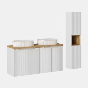 Conjunto móvel duplo lavatório 120cm 4 portas e coluna Riva Branco e Madeira