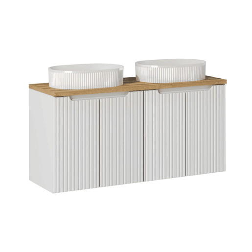 Conjunto móvel duplo lavatório 120cm 4 portas e coluna Riva Branco e Madeira