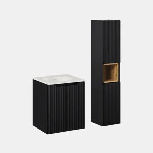 Conjunto móvel de lavatório simples encastrado 50cm 2 portas e coluna Riva Preto e Madeira