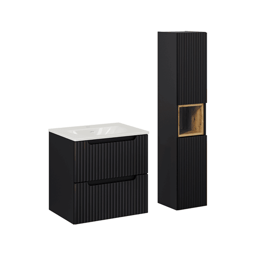 Conjunto de lavatório simples encastrado 60cm 2 gavetas e coluna Riva Preto e Madeira