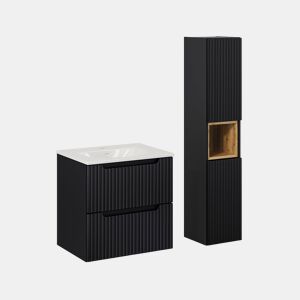 Conjunto de lavatório simples encastrado 60cm 2 gavetas e coluna Riva Preto e Madeira