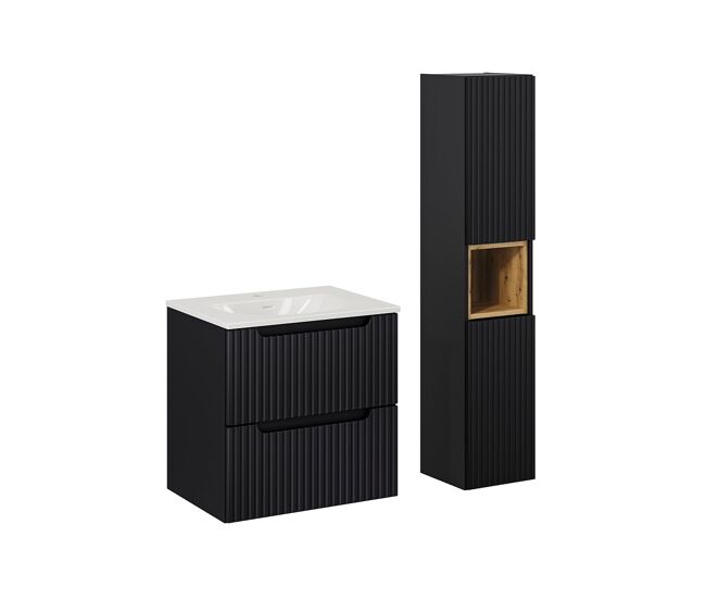 Conjunto de muebles con lavabo individual encastrado 60cm 2 cajones y columna riva negro y madera