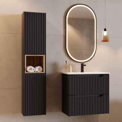 Conjunto de lavatório simples encastrado 60cm 2 gavetas e coluna Riva Preto e Madeira