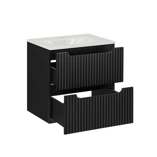 Conjunto de lavatório simples encastrado 60cm 2 gavetas e coluna Riva Preto e Madeira