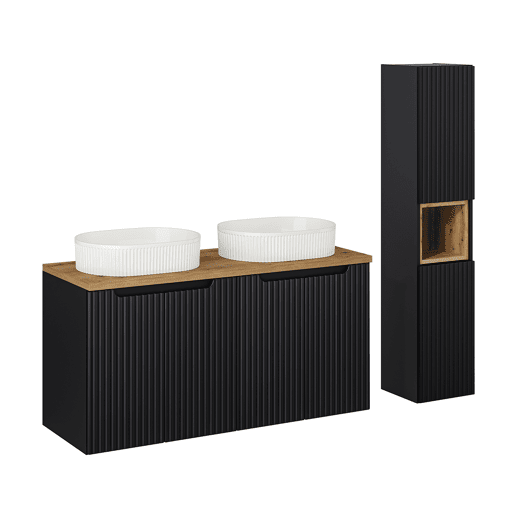 Conjunto móvel lavatório duplo 120cm 4 portas coluna Riva Preto e Madeira