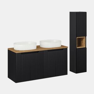 Conjunto móvel lavatório duplo 120cm 4 portas coluna Riva Preto e Madeira