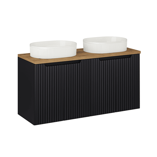 Conjunto móvel lavatório duplo 120cm 4 portas coluna Riva Preto e Madeira