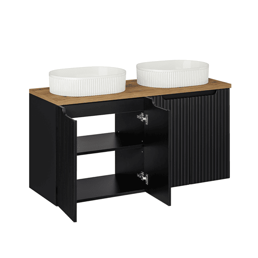 Conjunto móvel lavatório duplo 120cm 4 portas coluna Riva Preto e Madeira
