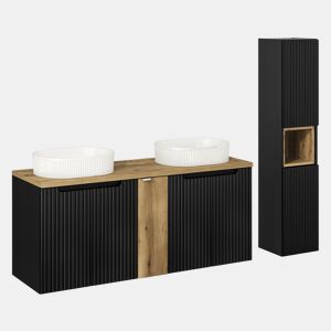 Conjunto móvel lavatório duplo 140cm 5 portas e coluna Riva Preto e Madeira