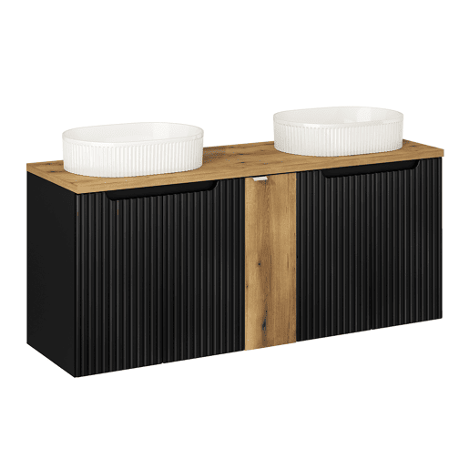 Conjunto móvel lavatório duplo 140cm 5 portas e coluna Riva Preto e Madeira