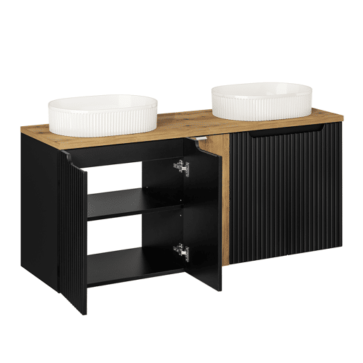 Conjunto móvel lavatório duplo 140cm 5 portas e coluna Riva Preto e Madeira