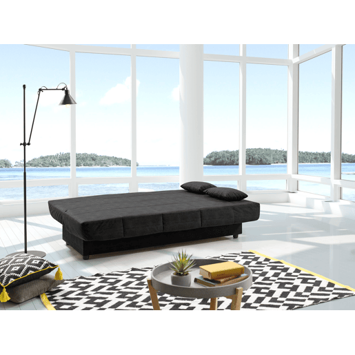 Sofá-cama Julieta de 3 lugares com sistema Click-Clack, preto. Dimensões do sofá: 184 x 75 x 31 cm. Dimensões da cama: 190 x 132 x 40 cm. Inclui 2 almofadas.