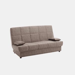 Sofá-cama Julieta de 3 lugares com mecanismo Click-Clack, cor chocolate, dimensões do sofá: 184x75x31 cm, dimensões da cama: 190x132x40 cm, inclui 2 almofadas.