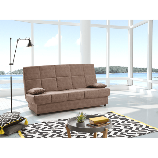Sofá-cama Julieta de 3 lugares com mecanismo Click-Clack, cor chocolate, dimensões do sofá: 184x75x31 cm, dimensões da cama: 190x132x40 cm, inclui 2 almofadas.