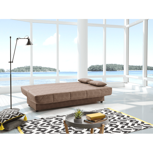 Sofá-cama Julieta de 3 lugares com mecanismo Click-Clack, cor chocolate, dimensões do sofá: 184x75x31 cm, dimensões da cama: 190x132x40 cm, inclui 2 almofadas.