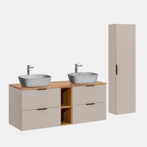 Ensemble meuble double vasque 140cm 2 niches et colonne Adriel Cachemire Bois et effet Pierre