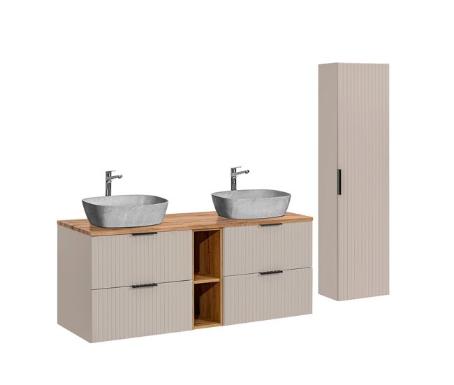 Conjunto de muebles con doble lavabo 140cm 2 compartimientos y columna adriel cachemira madera y imitación piedra