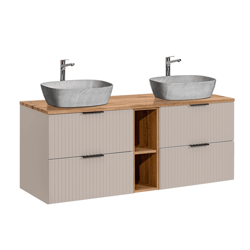 Ensemble meuble double vasque 140cm 2 niches et colonne Adriel Cachemire Bois et effet Pierre