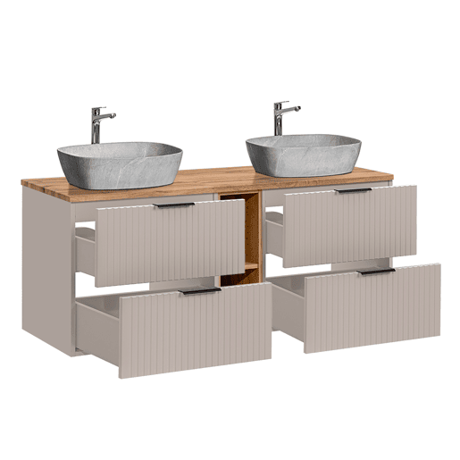 Ensemble meuble double vasque 140cm 2 niches et colonne Adriel Cachemire Bois et effet Pierre