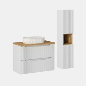 Conjunto móvel lavatório simples 80cm 2 gavetas e coluna Riva Branco e Madeira