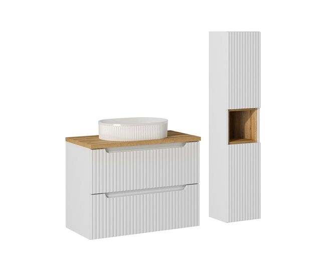 Conjunto de muebles lavabo individual 80cm 2 cajones y columna riva blanco y madera