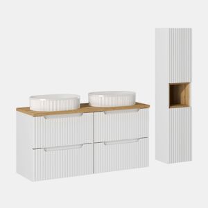 Conjunto móvel duplo lavatório 120cm 4 gavetas e coluna Riva Branco e Madeira