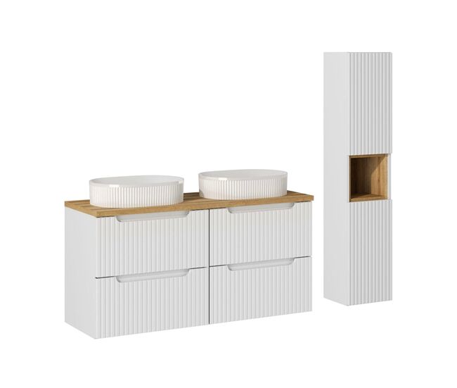 Conjunto de muebles doble lavabo 120cm 4 cajones y columna riva blanco y madera