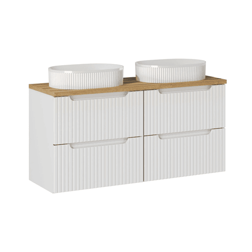 Conjunto móvel duplo lavatório 120cm 4 gavetas e coluna Riva Branco e Madeira