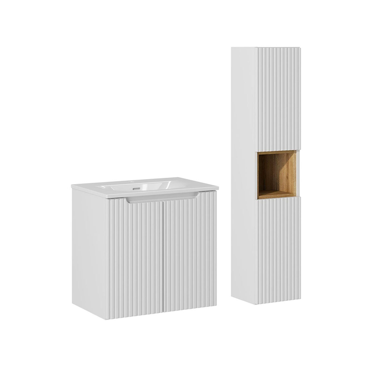 Conjunto de muebles con lavabo individual encastrado 60cm 2 puertas y columna riva blanco y madera