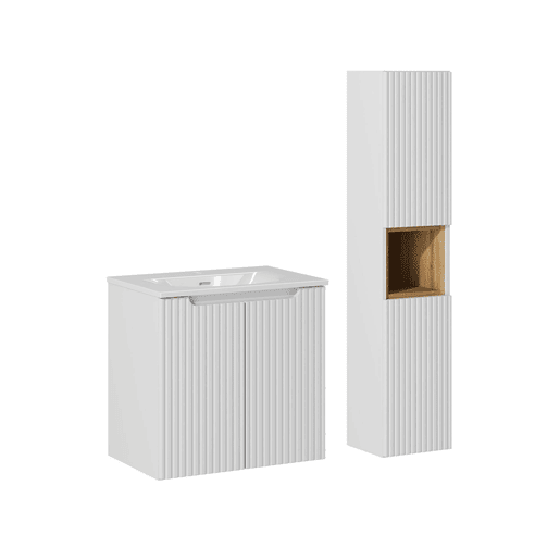 Conjunto móvel de lavatório simples encastrado 60cm 2 portas e coluna Riva Branco e Madeira
