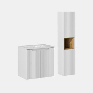 Conjunto móvel de lavatório simples encastrado 60cm 2 portas e coluna Riva Branco e Madeira