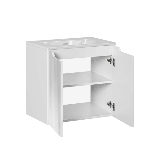 Conjunto móvel de lavatório simples encastrado 60cm 2 portas e coluna Riva Branco e Madeira