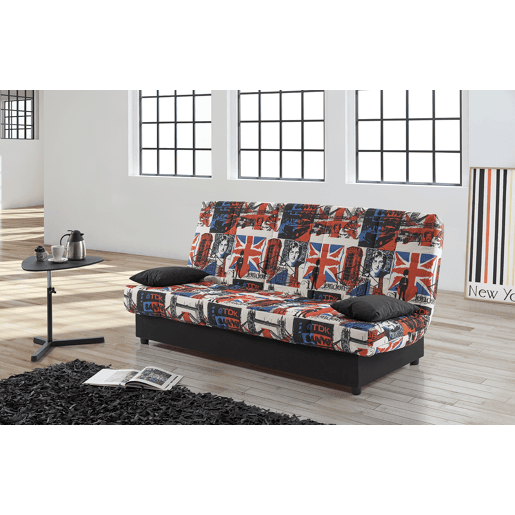 Sofá-cama Julieta de 3 lugares com mecanismo Click-Clack, estampa London, dimensões do sofá: 184x75x31 cm, dimensões da cama: 190x132x40 cm, inclui 2 almofadas.