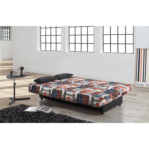 Sofá-cama Julieta de 3 lugares com mecanismo Click-Clack, estampa London, dimensões do sofá: 184x75x31 cm, dimensões da cama: 190x132x40 cm, inclui 2 almofadas.
