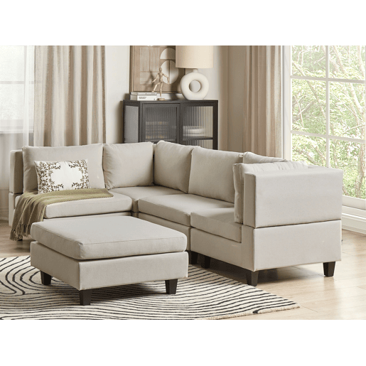 Sofá de canto modular UNSTAD Tecido Creme claro com repousa-pés 4 lugares à direita Sofá de canto modular UNSTAD Tecido Creme claro com repousa-pés 4 lugares à direita