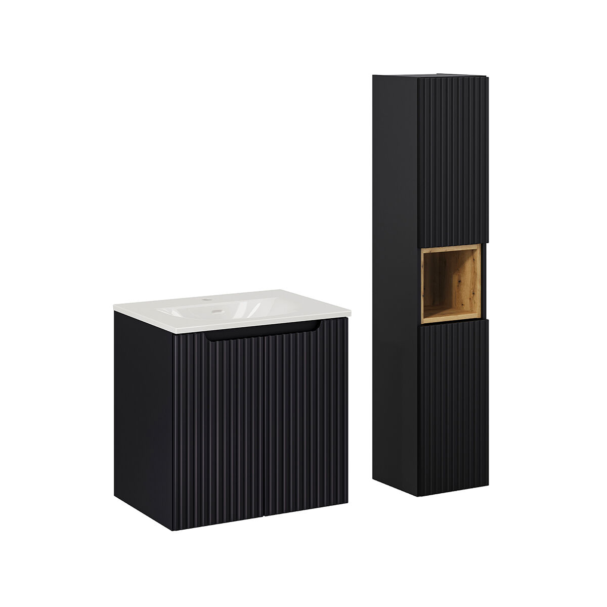 Conjunto de muebles con lavabo individual encastrado 60cm 2 puertas y columna riva negro y madera