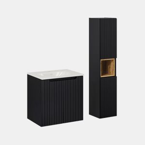 Conjunto móvel lavatório simples encastrado 60cm 2 portas e coluna Riva Preto e Madeira