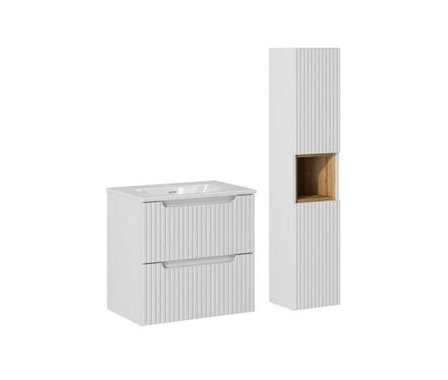 Conjunto de muebles lavabo individual encastrado 60cm 2 cajones y columna riva blanco y madera