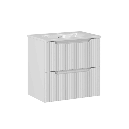 Conjunto móvel lavatório simples encastrado 60cm 2 gavetas e coluna Riva Branco e Madeira