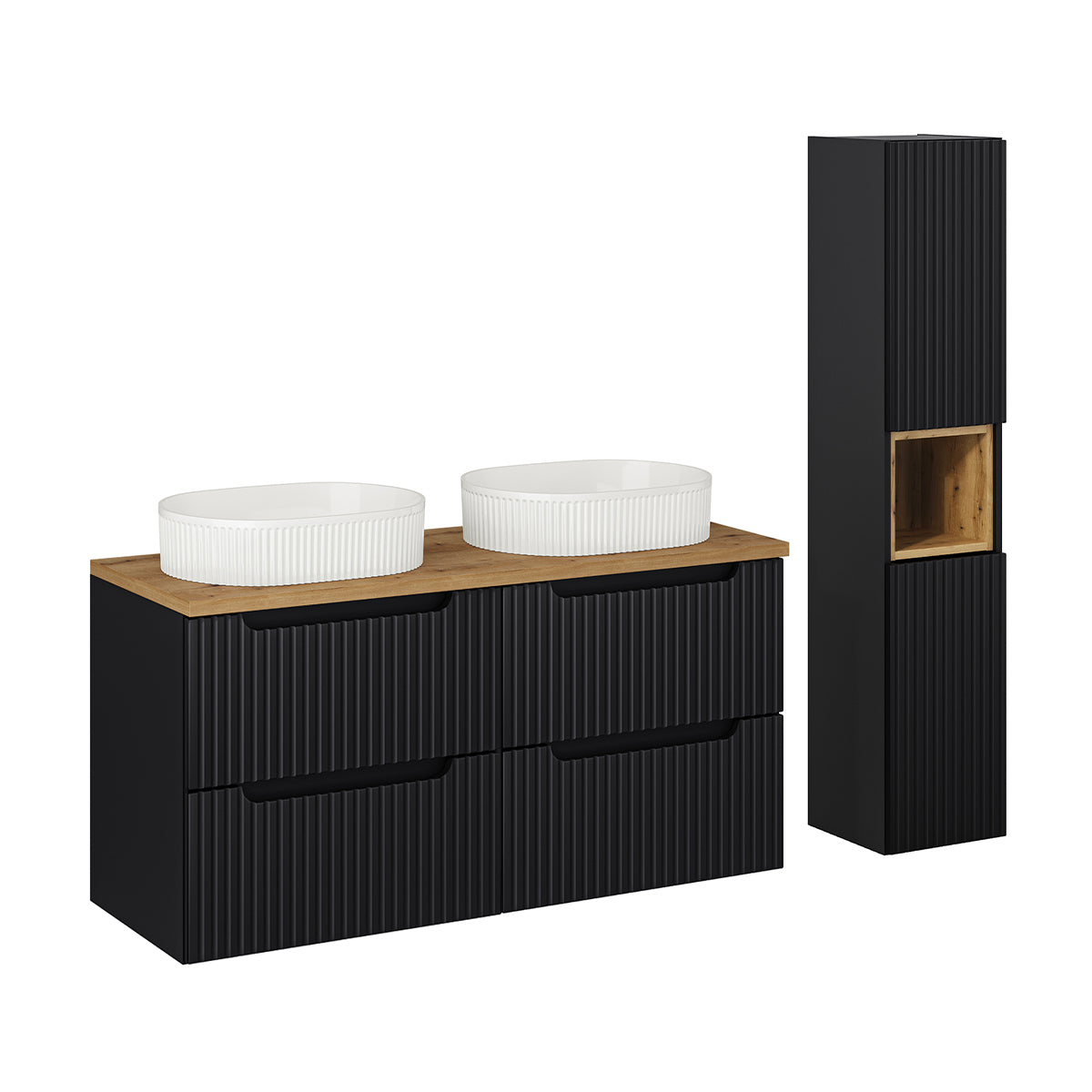 Conjunto de muebles con doble lavabo 120 cm 4 cajones y columna riva negro y madera