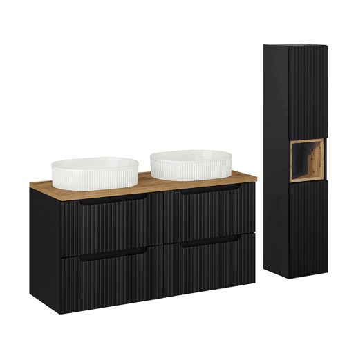Conjunto móvel lavatório duplo 120cm 4 gavetas coluna Riva Preto e Madeira