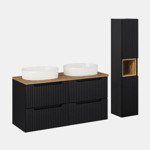 Conjunto móvel lavatório duplo 120cm 4 gavetas coluna Riva Preto e Madeira