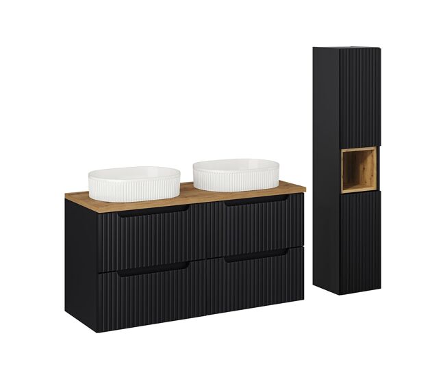Conjunto de muebles con doble lavabo 120 cm 4 cajones y columna riva negro y madera