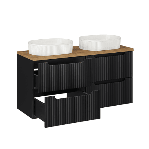 Conjunto móvel lavatório duplo 120cm 4 gavetas coluna Riva Preto e Madeira