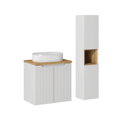 Conjunto móvel de lavatório simples 60cm 2 portas e coluna Riva Branco e Madeira