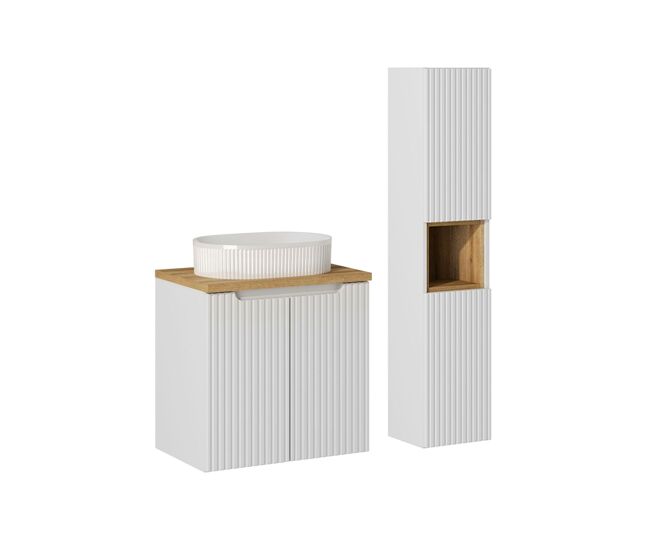 Conjunto de muebles lavabo individual 60cm 2 puertas y columna riva blanco y madera