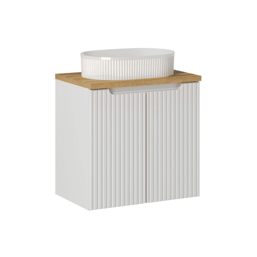 Conjunto móvel de lavatório simples 60cm 2 portas e coluna Riva Branco e Madeira