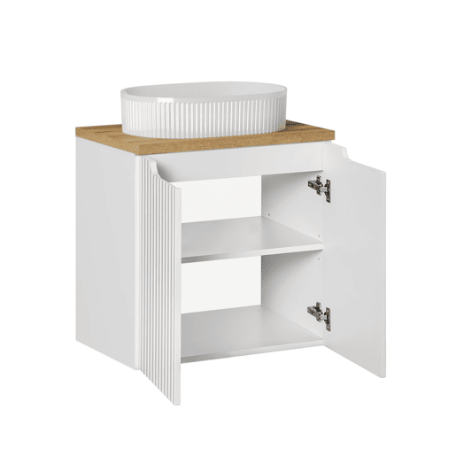 Conjunto móvel de lavatório simples 60cm 2 portas e coluna Riva Branco e Madeira