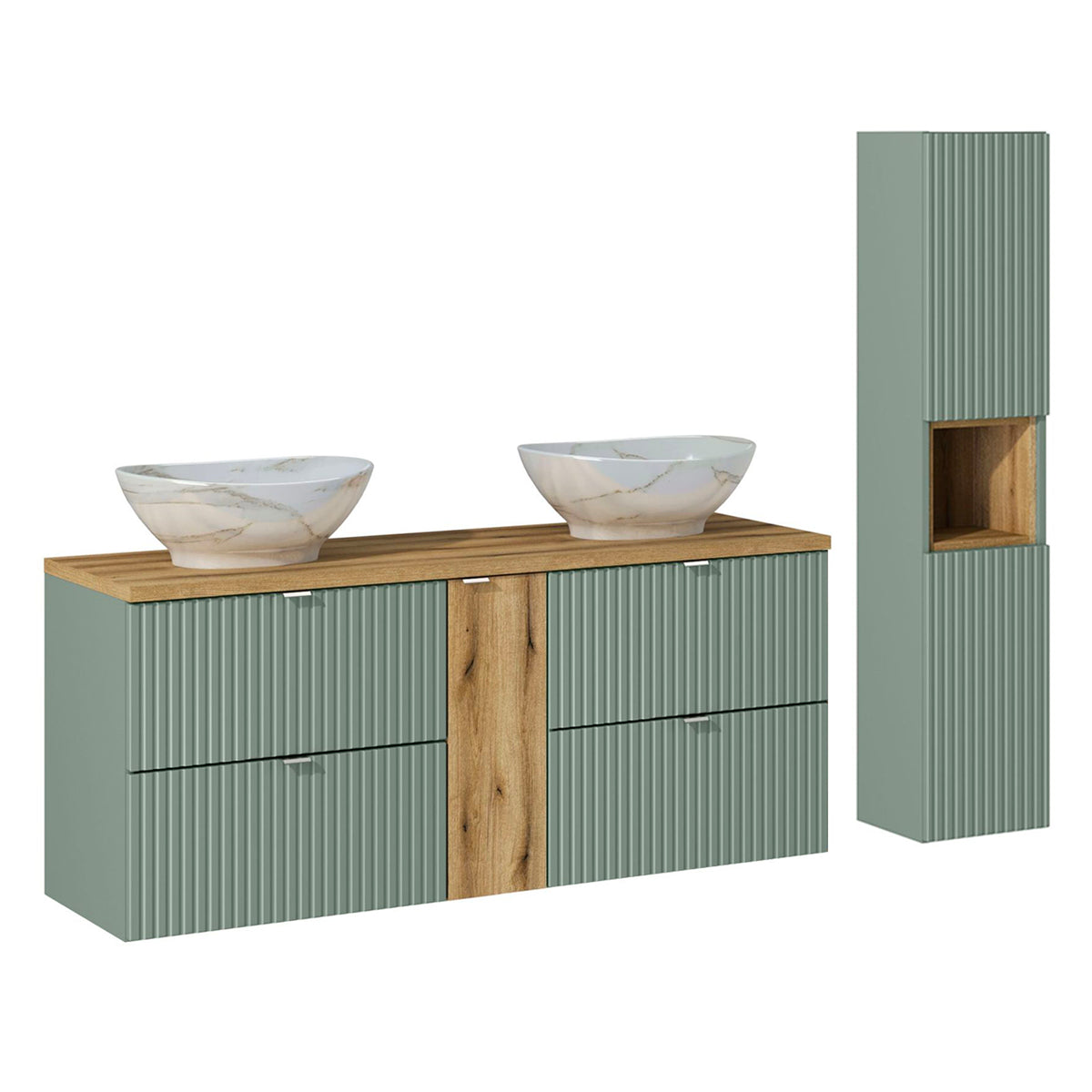 Conjunto de muebles con doble lavabo 140 cm 4 cajones y columna jade verde y madera