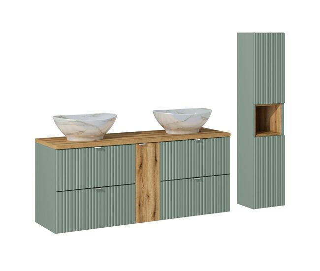 Conjunto de muebles con doble lavabo 140 cm 4 cajones y columna jade verde y madera